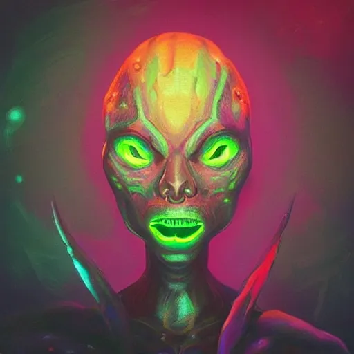 Prompt: “flawless painting of weird alien with diamond neon eyes, ultra detailed face and eyes, ancient symbols by concept art, horror art, sci-fi, HD Artstation”