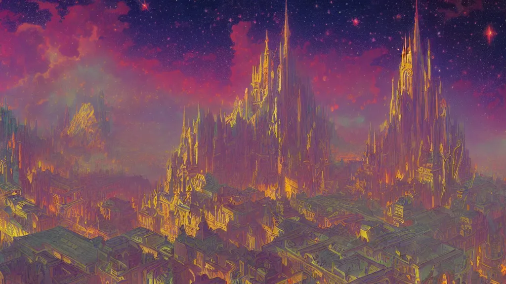 Image similar to a beautiful highly detailed matte painting of colorful castle nebulas by moebius, alphonse mucha, stars in the background, highly detailed, intricate design, 8 k resolution, octane render, trending on artstation and cgsociety