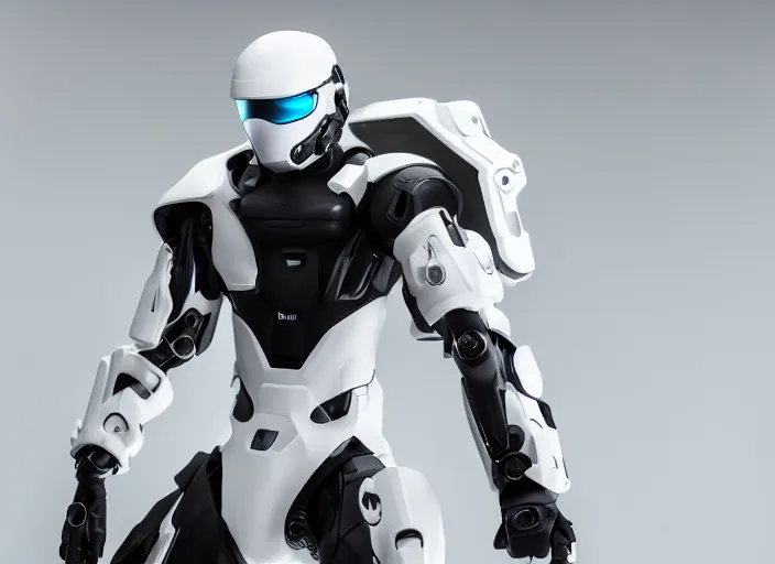 Image similar to cinematic photoshoot of clean modern hand crafted super futuristic tech soldier with exo suit pro display xpr luxury smooth color metal white silver with black leather padding well design ultrareallistic detailed high quality 8 k photorealistic ultra realistic