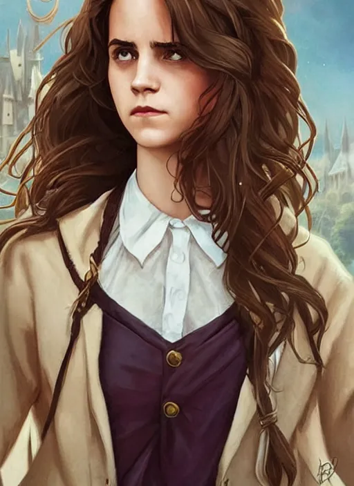 Prompt: hermione! granger! at hogwarts!!!! by emma watson. beautiful detailed face. by artgerm and greg rutkowski and alphonse mucha
