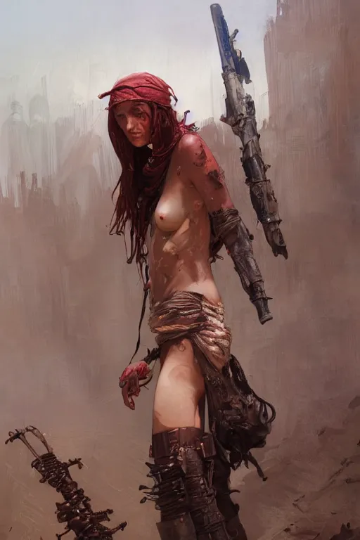 Image similar to a full body portrait of a beautiful post apocalyptic offworld butchers district bedouin blind pulp fiction scarlet wild rogue barbarian leper begging by the roadside, intricate, elegant, highly detailed, digital painting, artstation, concept art, smooth, sharp focus, illustration, art by krenz cushart and artem demura and alphonse mucha