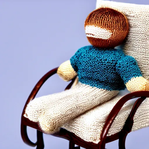 Image similar to realistic knitted doll ryan gosling sitting on a chair, lethal preservation, proportions, high quality, realism, foreground focus,
