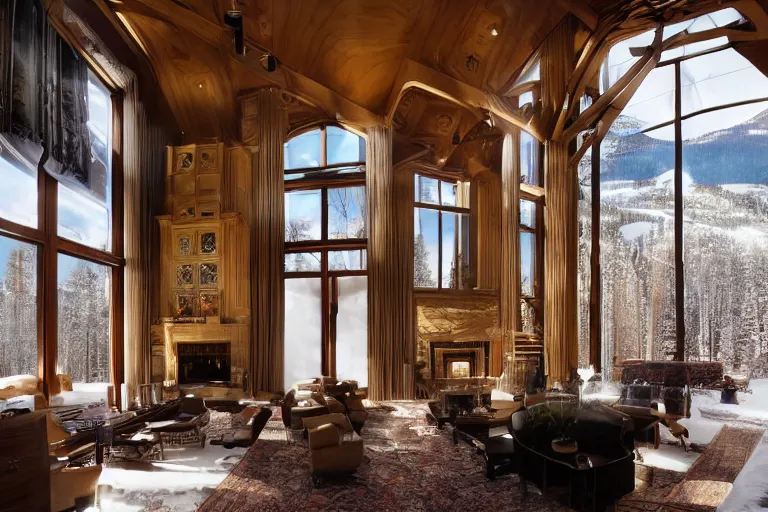 Image similar to interior of a beautiful contemporary mansion in Aspen, skybridges, turrets, golden hour, light snow, snowflakes falling outside, sunbeams, volumetric lighting, by Emmanuel Lubezki