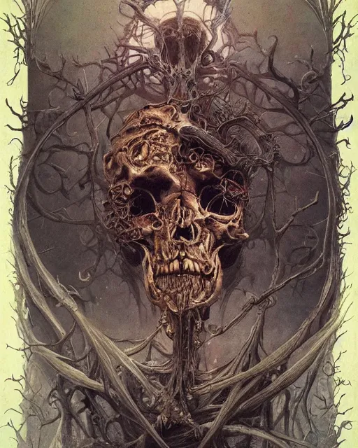 Image similar to a beautiful detailed front view of a dead rotten skull with ornate growing around, ornamentation made of baroque architecture, elegant, beautifully soft lit, by wayne barlowe, peter mohrbacher, kelly mckernan