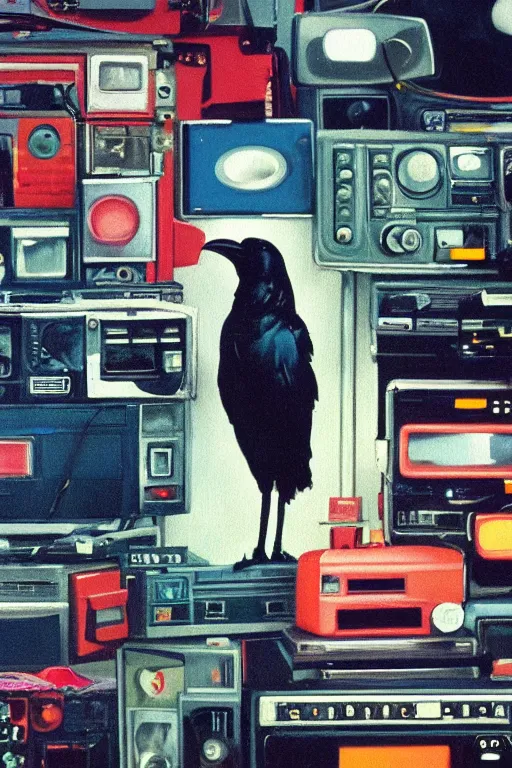 Prompt: a raven standing amongst 8 0 s era technology, vintage shapes, retro technology, pantone color, wayne barlow, oil on canvas, deep depth of field, masterpiece, cinematic composition, hyperdetailed