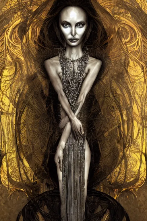 Image similar to a realistic dark photo of a beautiful ancient alien woman goddess angelina jolie kate moss nataraja standing in iris van herpen dress jewelery and fractals in style of alphonse mucha art nuvo dmt trending on artstation made in unreal engine 4