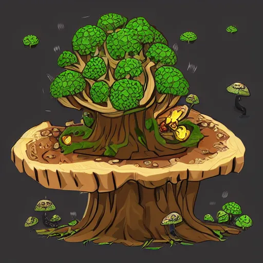 Prompt: a gnarled ancient wooden tree stump with mushrooms growing out of it, organic, highly detailed, vector art, concept art, individual sprite from a gorgeous indie platform game, on a flat color black background