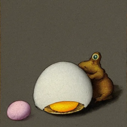 Image similar to toadstool with a fried egg cap. illustation by beatrix potter