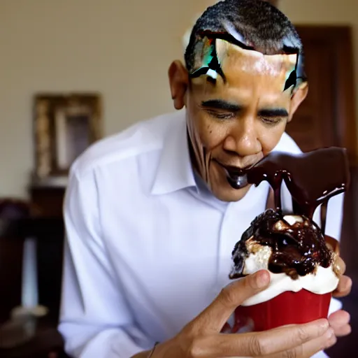 Prompt: enticing obama eating a hot fudge sundae