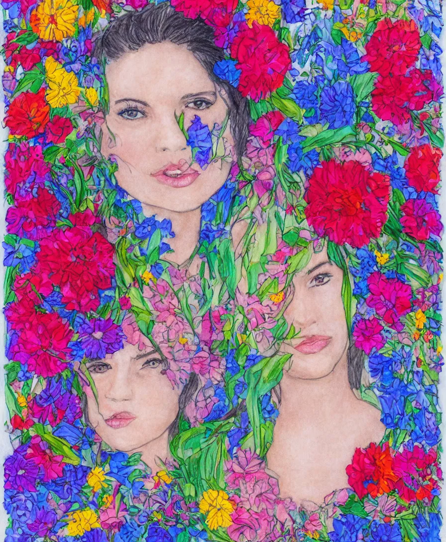 Image similar to portrait of a majestic princess, drawn with a wide variety of colorful flowers