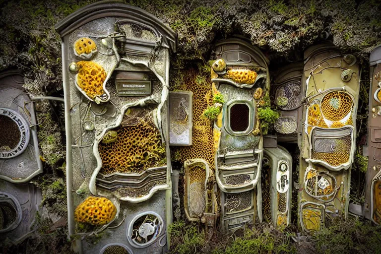 Prompt: elegance futuristic lichen covered favela graveyard honeybee hive, art nouveau environment, industrial factory, award winning art, epic dreamlike fantasy landscape, ultra realistic,