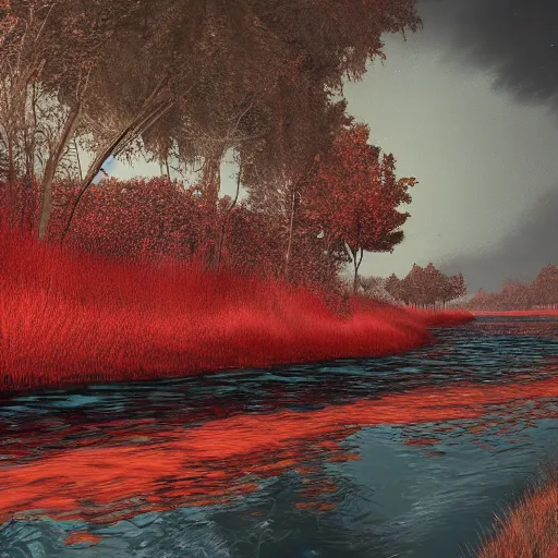 Image similar to dead river, red color, highly detailed, 8 k, artstation, beutifull, masterpiece,