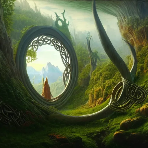 Prompt: a beautiful and highly detailed matte painting of a carved elven portal a land with no gravity, celtic knots, epic scale, insanely complex, hyperdetailed, sharp focus, hyperrealism, artstation, cgsociety, 8 k, by caspar friedrich, albert bierstadt, james gurney, brian froud,