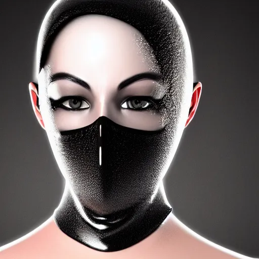 Image similar to 3 d fluid simulation render, octane render, xparticles, black color, female face in latex balaclava and mask,