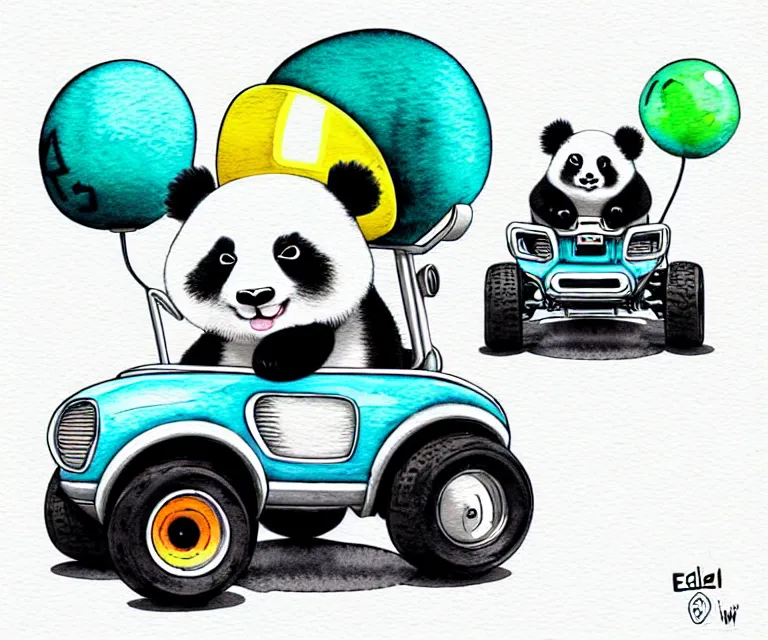 Image similar to cute and funny, panda wearing a helmet riding in a tiny fourwheeler with oversized engine, ratfink style by ed roth, centered award winning watercolor pen illustration, isometric illustration by chihiro iwasaki, edited by range murata, tiny details by artgerm, symmetrically isometrically centered