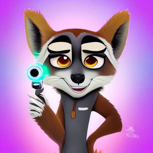 Image similar to “ logo of a lemur in the style of zootopia holding laser gun, with a black background, digital art, award winning, trending on art station, retro style ”