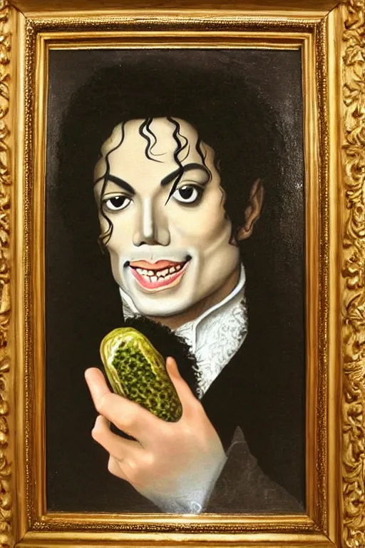 Image similar to a 1 6 0 0 s framed portrait painting of michael jackson holding a large pickle, intricate, elegant, highly detailed