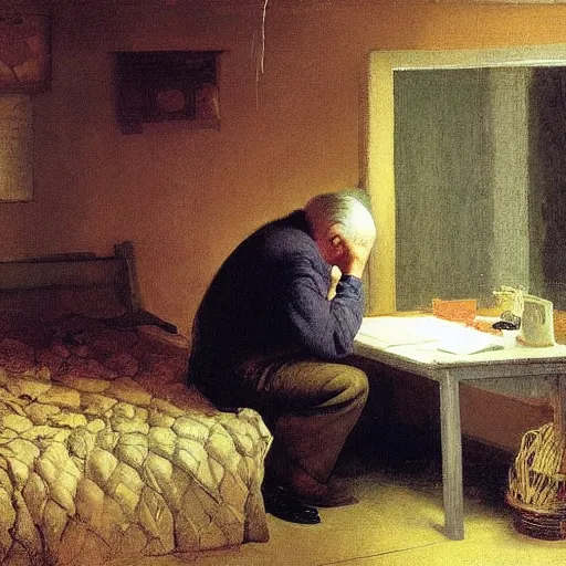 Image similar to weeping desperate grandpa trying to figure out how to send an email sitting in his small room looking at his lenovo thinkpad laptop t 4 1 0 8 gb ram leonardo da vinci giotto jamie wyeth greg rutkowski winslow homer thomas eakins lucian freud edward hopper j. m. w. turner oil painting