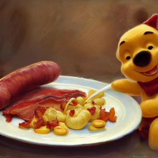 Image similar to close up of winnie the pooh with a plate of sausages and bacon, cinematographic shot, by daniel f. gerhartz