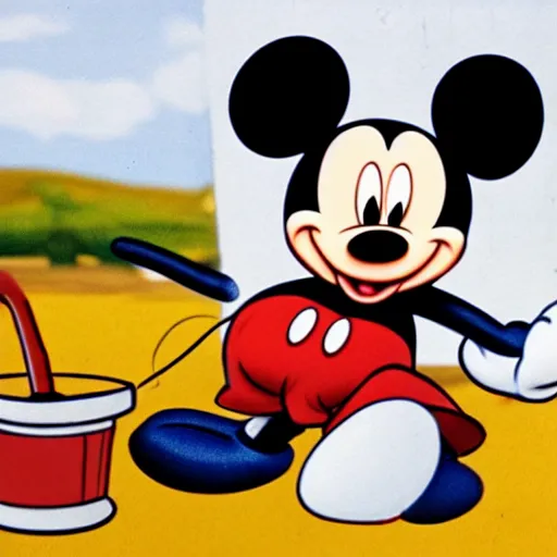 Prompt: Mickey mouse feeding on the carcass of lucas arts