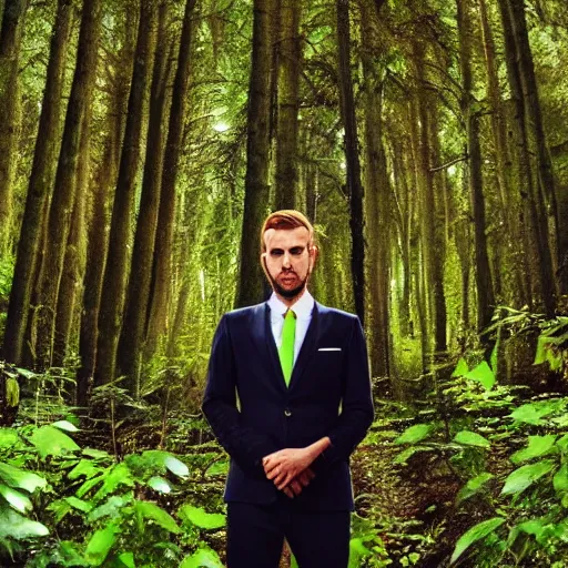 Prompt: lime headed man wearing suit in the forest, mystical, vivid, posh, detailed