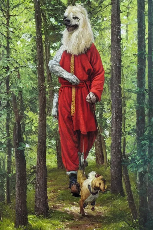 Prompt: by whimmy slavic dog head man, woolen torso in medieval clothes, walking in the forest, orthodox saint christopher, oil painting, painting by viktor vasnetsov, concept art, hyperrealism, beautiful, high resolution, trending on artstation,