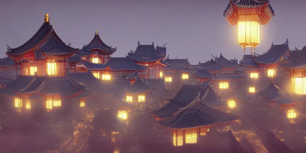 Prompt: magnificent chinese immortal palace, night view with kongming lanterns in the sky, concept art, dreamy, render by octane and blender, hyper realistic, cinematic lighting, unreal engin 5, by krenz cushart, 8 k, vray render, artstation, deviantart