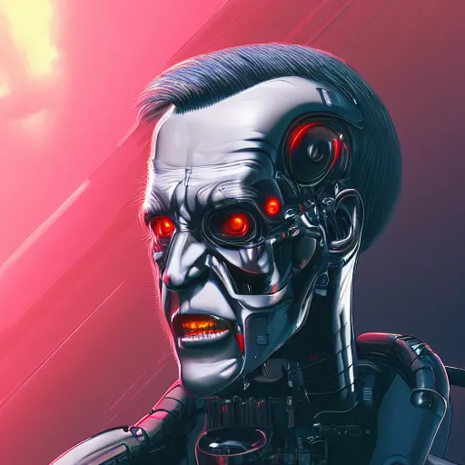 Image similar to James Cameron as the T-800 Terminator, the terminator robot looks exactly like James Cameron, eyes glowing red, ambient lighting, 4k, anime key visual, lois van baarle, ilya kuvshinov, rossdraws, artstation