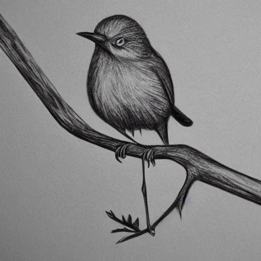 Prompt: a bird with a toothpick in its mouth standing on a heart shape branch,realistic pencil drawing