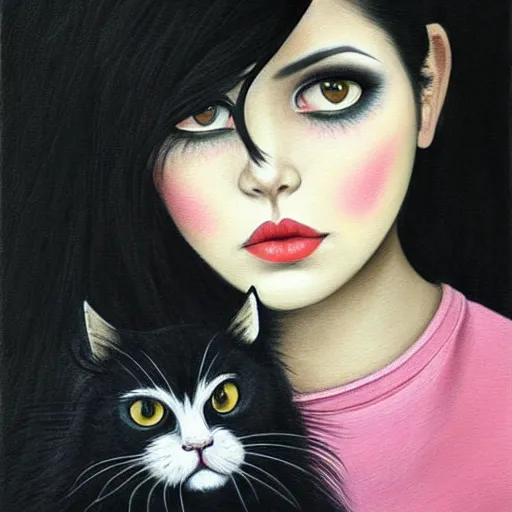 Prompt: a painting of an emo mexican woman with long dark hair thick eyebrows dark eyes and dark circles wide nose big eyes oval face shape big cheeks holding her cat, photorealistic painting by tran nguyen, featured on deviantart, gothic art, goth, gothic, detailed painting