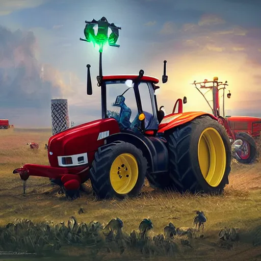 Image similar to farm tractors revolution, robots revolution, angry bots, matte painting, digital art, trending on artstation, high quality