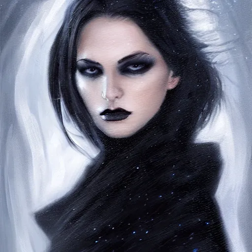 Prompt: furious dark haired women, wearing black coat, black makeup, ice mage, shooting ice, oil painting, fantasy artwork, fantastic artwork, 4 k, trending on artstation