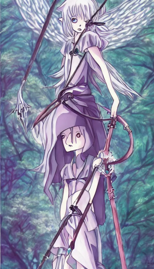 Image similar to a beautiful link drawing of the being death as a cute anime girl with a giant scythe from a studio ghibli film inspired by the death tarot card, dark vibes, pastel colors