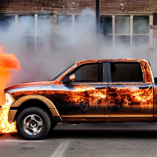 Prompt: photograph of a rusty dodge ram on fire in the street