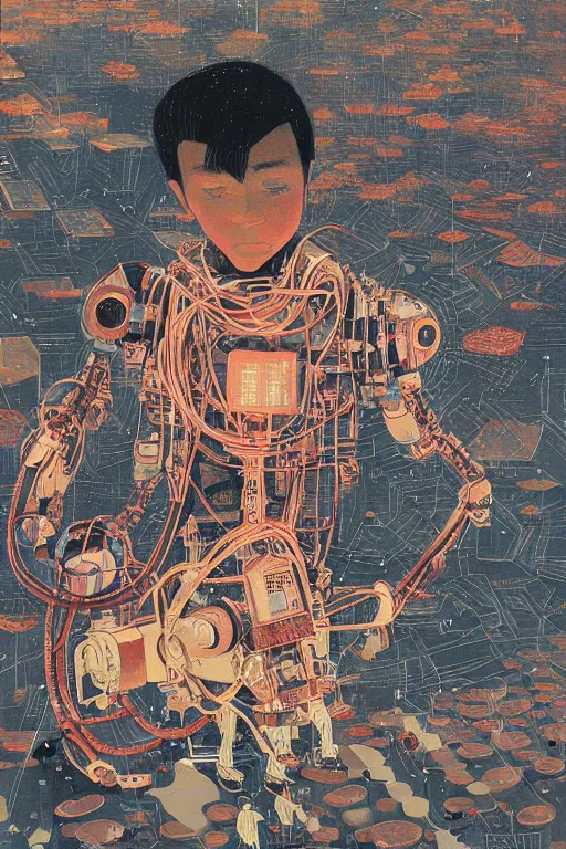 Prompt: a boy fixing his robot. high angle. oil on canvas. by Victo Ngai.