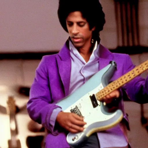 Image similar to screenshot of prince charles playing guitar in the movie purple rain