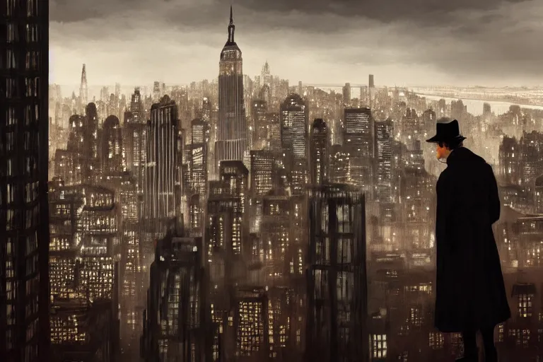 Prompt: stunningly mysterious, detective wearing a trench coat in profile smoking a glowing tobacco pipe on a perch facing the city at night, smooth, focus, highly detailed, hyper realistic, dramatic lighting, intricate, concept art, new york skyline, looking down, art by wlop, greg rutowski, artstation