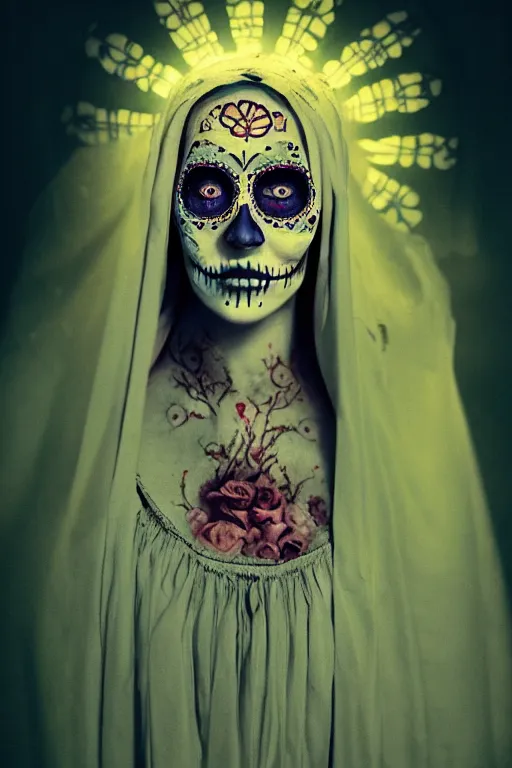 Image similar to heliography, virgin mary in dia de muertos dress and make up, horrific beautiful vibe, evocative, atmospheric lighting, painted, intricate, highly detailed, leesha hannigan, wayne haag, reyna rochin, ignacio fernandez rios, mark ryden, iris van herpen, stunning, gorgeous, sharp focus, cinematic, masterpiece