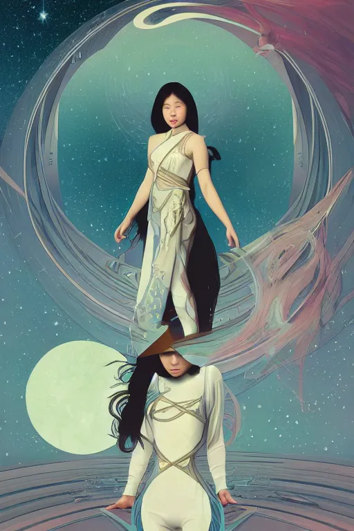 Image similar to edge of the universe, asian girl, space, stars, starship, digital art, smooth defined outlines, vector background, by brom, trending on artstation, alphonse mucha, tom bagshaw, sargent