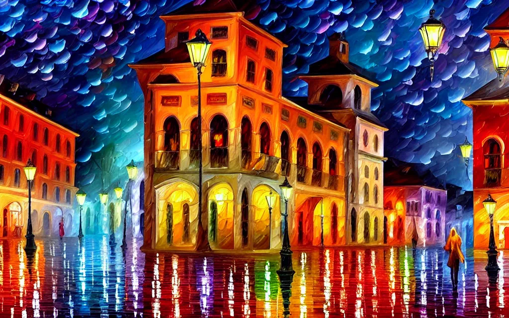 Image similar to a well lit town square at night, rainy, beautiful lighting, vivid colors!, highly detailed digital painting, cinematic, 4 k, trending on artstation, deviantart featured, leonid afremov!