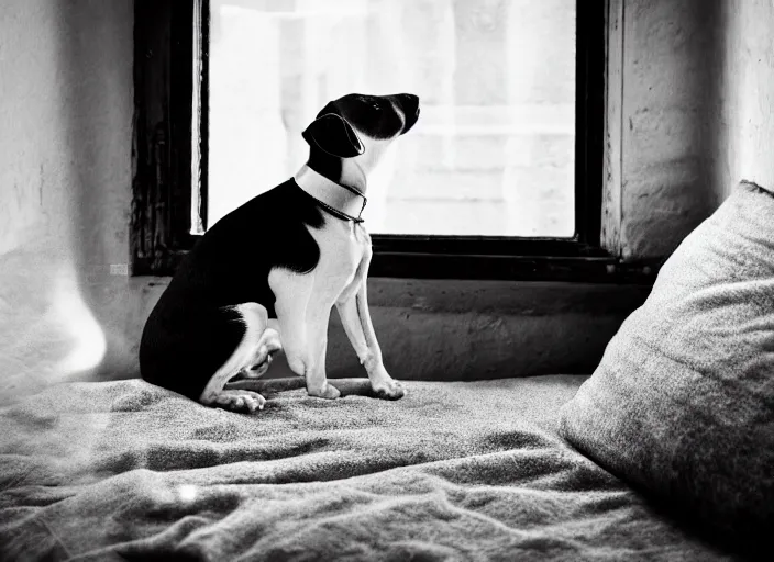 Image similar to photography of a Jack Russel . watching outside the window. on a bed. in a vintage room full of vinyls and posters.,volumetric light, photorealistic,, award winning photo, 100mm, sharp, high res