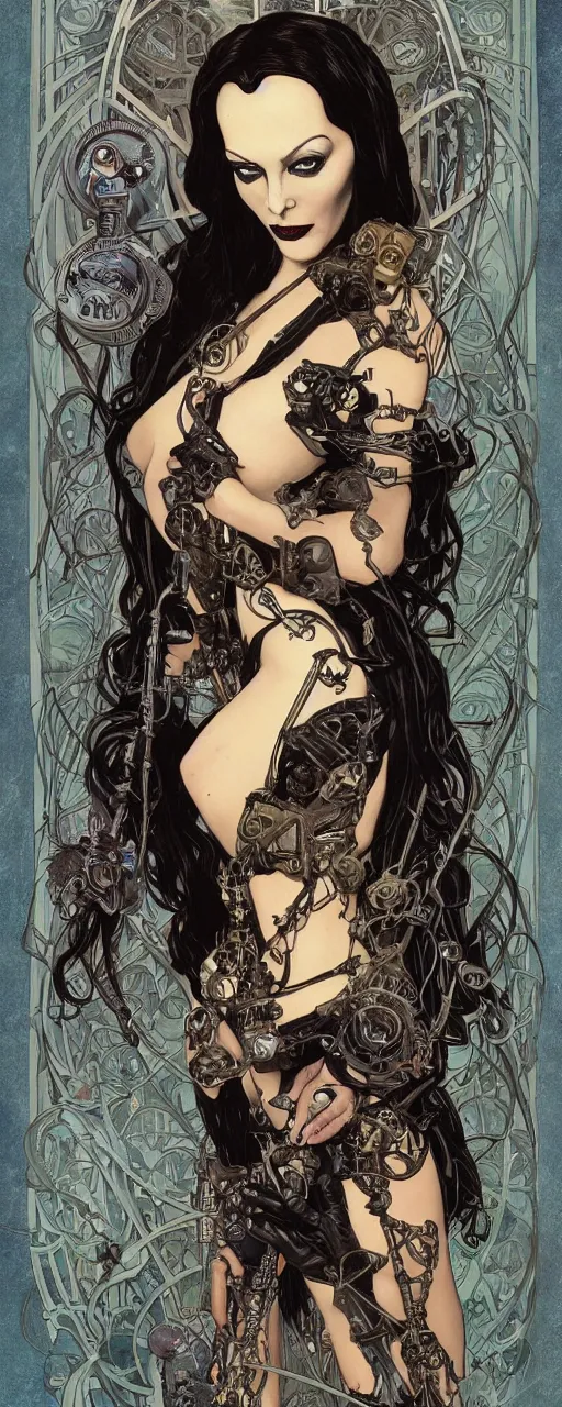 Image similar to a beautiful and captivating art nouveau heavy metal style portrait of morticia adams as an ironpunk rebel soldier by chris achilleos, chris bachalo and alphonse mucha, mixed media painting, photorealism, extremely hyperdetailed, perfect symmetrical facial features, perfect anatomy, ornate declotage, circuitry, technical detail, confident expression