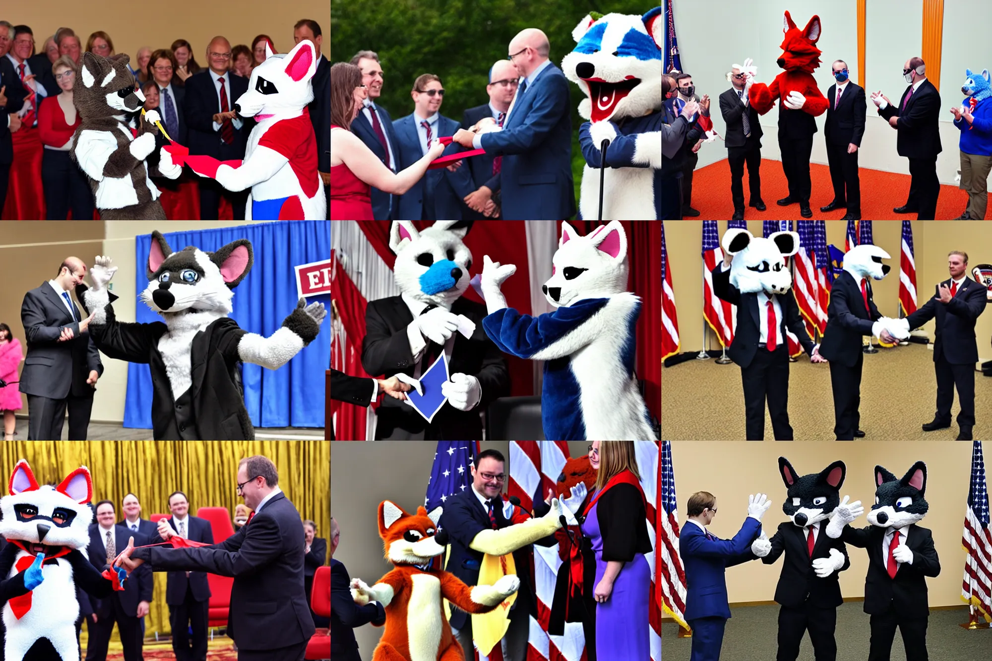 Prompt: photo of a fursuiter being inaugurated as president