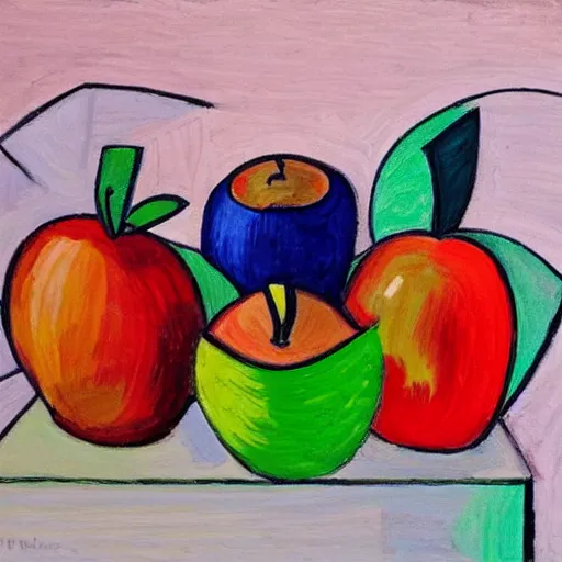 Prompt: 5 apples in a basket, cubism, art, sold on auction