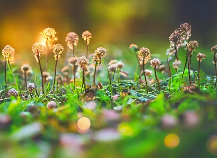 Image similar to a magical forest with delicate flowers and mushrooms that glow in the dusk, macro close up, bokeh,