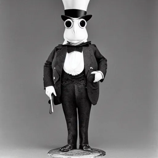 Prompt: an award winning analog photograph portrait of a toad standing upright on two legs, wearing a fancy top hat and a monocle. looking straight into the camera.