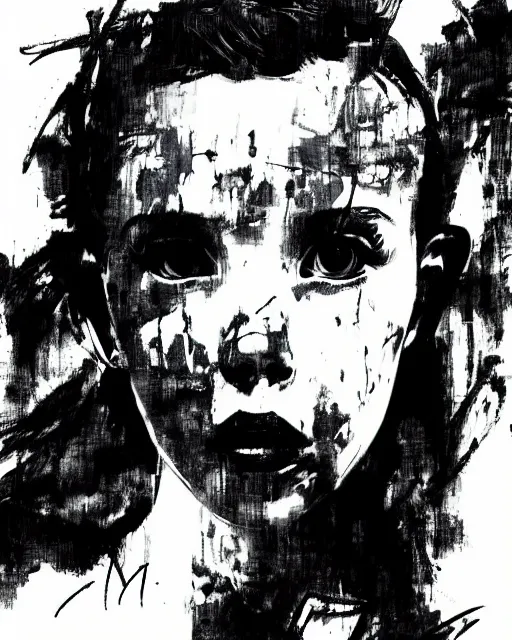 Image similar to portrait of millie bobby brown by yoji shinkawa, black and white