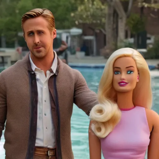 Image similar to still of ryan gosling and margot robbie, in barbie movie