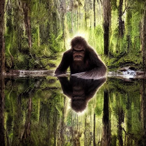 Prompt: sasquatch peeking head out of swamp water