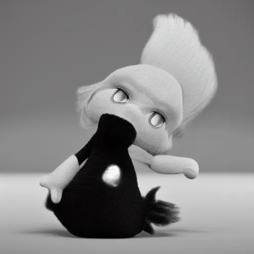 Image similar to cute fumo plush from a dark cave with photoluminescent hair, black and white, vray